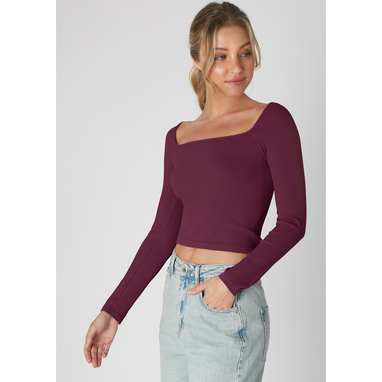Fig Ribbed Square Neck Top