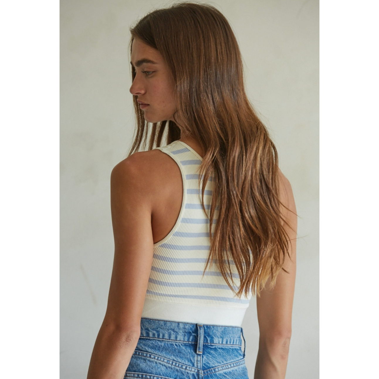 Striped Ribbed Crop Top - Light Blue