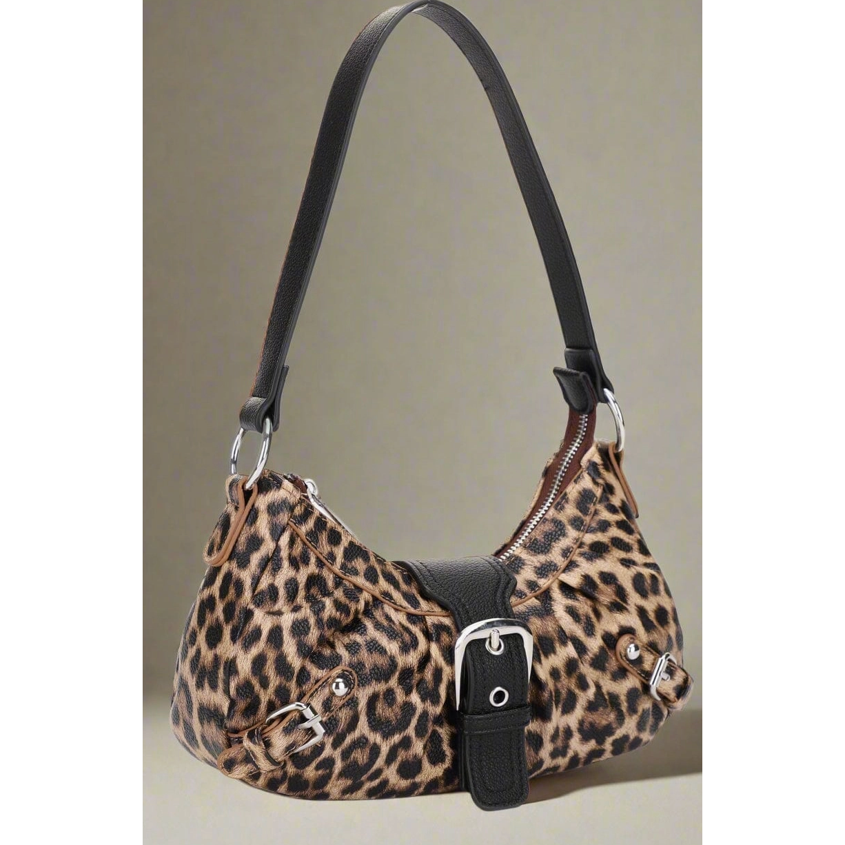 Leopard Print Buckle Baguette Shoulder Bag