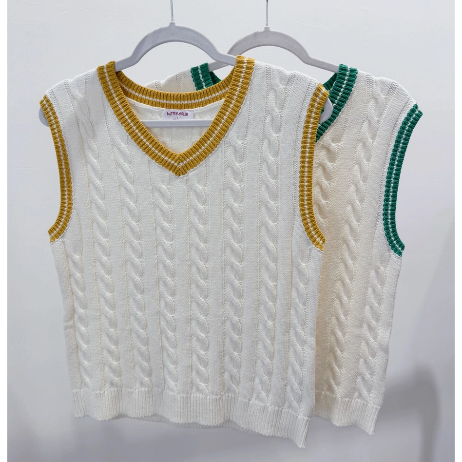 Varsity Charm Cable Knit Vest- GREEN