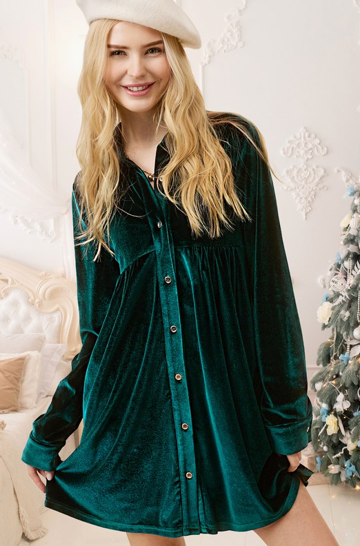 Evergreen Velvet Shirt Dress