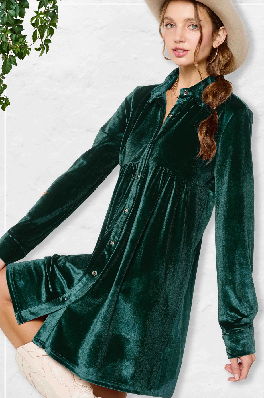 Evergreen Velvet Shirt Dress